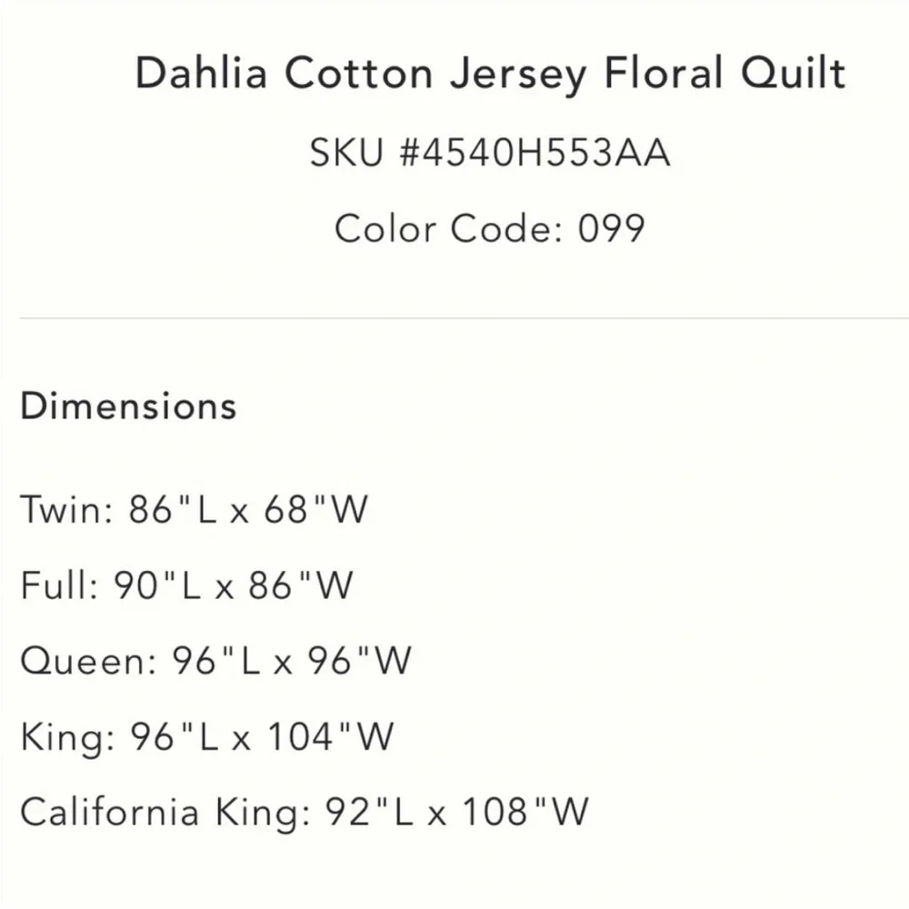 Anthropologie Dahlia Cotton Jersey Floral Quilt Size Cal King NWT